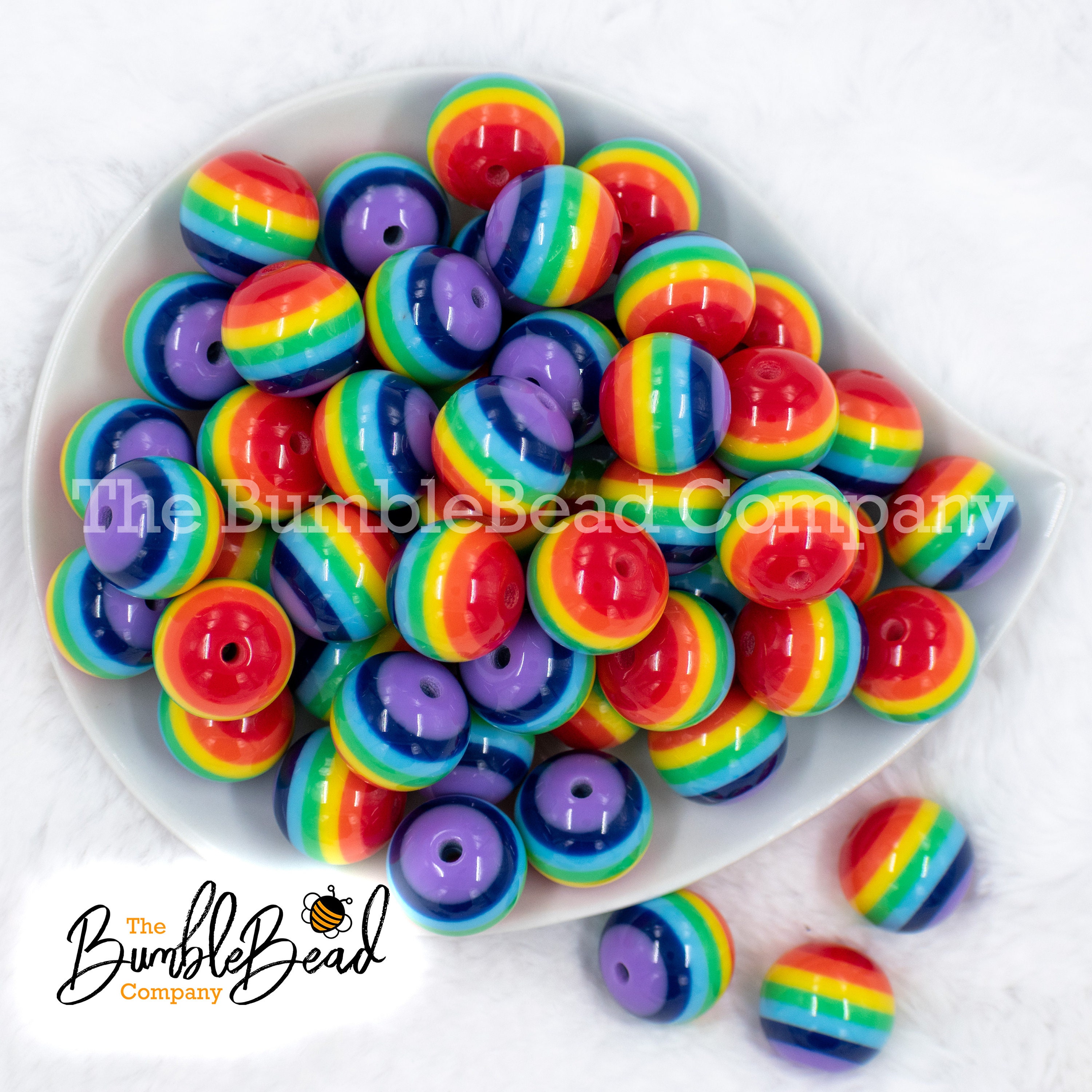 20mm Rainbow Stripes Bubblegum Beads, Resin Gumball Beads in Bulk