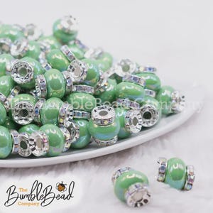 15mm Green Spacer Bead with Rhinestone Rondelle, Acrylic Rhinestone Spacer, Spacer Beads, - 5 count per order