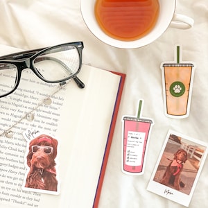 May include: A pink and white sticker with the text "Mocha" and a list of adjectives describing a dog. The sticker is next to a photo of a brown dog wearing a red bandana.