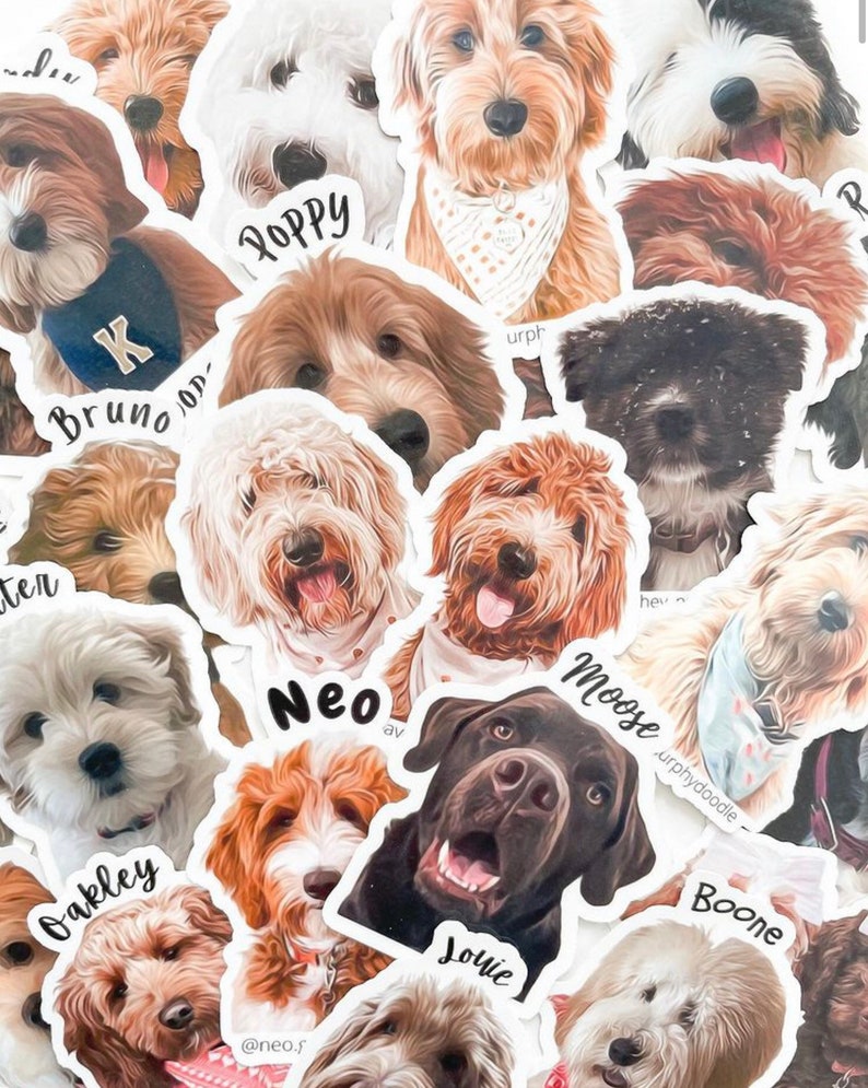 May include: A collection of colorful dog stickers with names like Poppy, Bruno, Oakley, Neo, Moose, and Boone. The stickers are printed on white paper and feature various dog breeds.