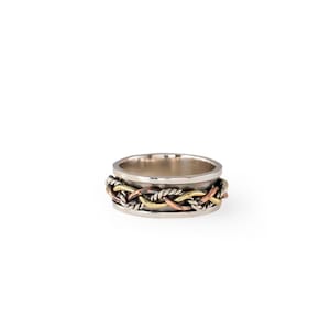 Handmade Braided Silver Band Ring – 925 Sterling Silver Spinner Ring with Mixed Metal Twist – Unisex Statement Ring – Rustic Boho Jewelry