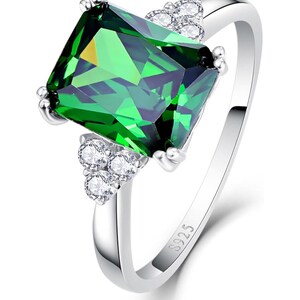 Emerald Cut Green Ring in 925 Sterling Silver- Lab Created Emerald Engagement Ring - Vintage Style CZ Accent Ring