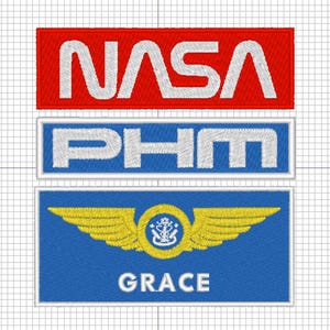 May include: Three rectangular embroidered patches on a grid background. The top patch is red with white NASA text. The middle patch is blue with white PHM text. The bottom patch is blue with yellow wings, a central anchor emblem, and white GRACE text.