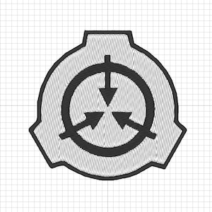 May include: Embroidered patch featuring the SCP Foundation logo. The design includes a black circle with three arrows pointing inward, surrounded by a stylized shield shape. The patch is gray with black stitching.