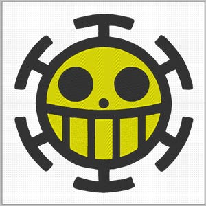 Op de afbeelding: Zwart en geel logo met een schedel en gekruiste beenderen met een glimlachend gezicht. De schedel wordt omringd door een cirkel met vier spaken.