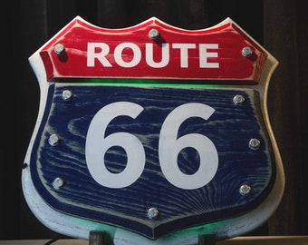 Illuminated Route 66 Sign, RGB LED, Garage Wall Decor