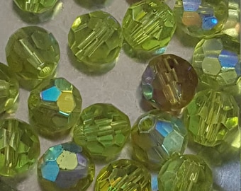 Round faceted glass beads 8mm olivine green AB.