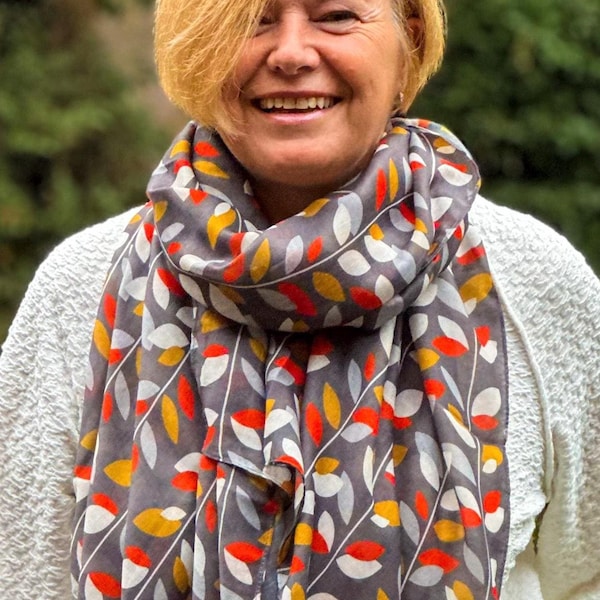 Grey Autumn Leaves Scarf – Soft Colourful Ladies Lightweight Scarf