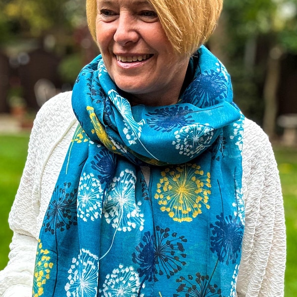 Ladies Mustard White Blue Dandelion Print TURQUOISE Fashion Scarf