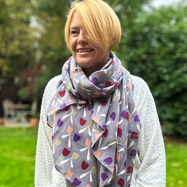 Ladies Sweet Tulips Print Fashion Scarf - Grey and Multicoloured