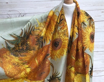 Ladies 100% SILK Painter Van Gogh Sunflowers Print YELLOW Fashion Scarf