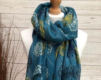 Ladies Mustard White Blue Dandelion Print TURQUOISE Fashion Scarf