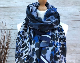 Ladies Bold Leopard Animal Print BLUE BLACK Fashion Scarf