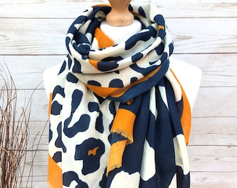 Ladies Bold Leopard Animal Print NAVY BLUE ORANGE Fashion Scarf