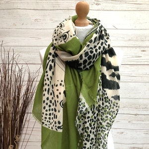 Ladies Bold Tiger & Leopard Animal Print GREEN BLACK Fashion Scarf