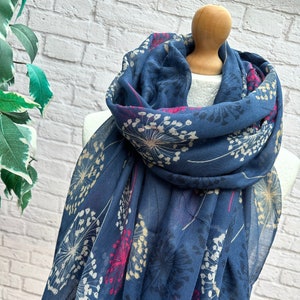 Ladies Dandelion Print NAVY BLUE White Cerise Pink Fashion Scarf