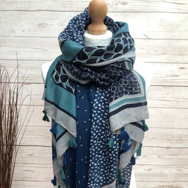 Ladies Little Leaves Print Tassel BLUE TEAL GREY Fashion Scarf