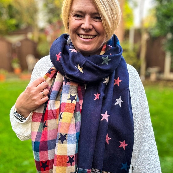 Thick Reversible Multi Coloured Stars Checked NAVY BLUE Pashmina Winter Scarf