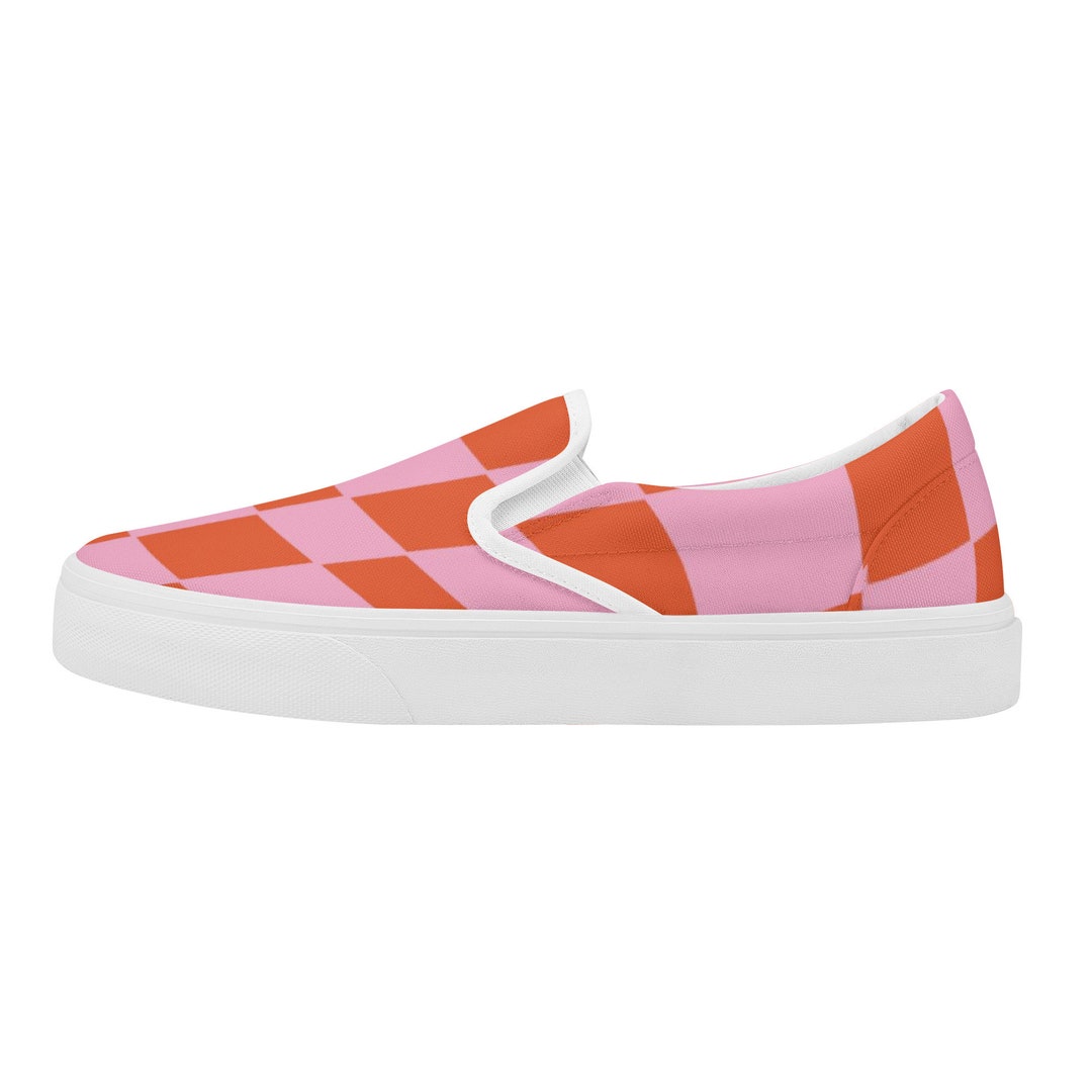 Slip on Shoes for Men Wit Pastel Pink Retro Checkered Slip on Shoes for
