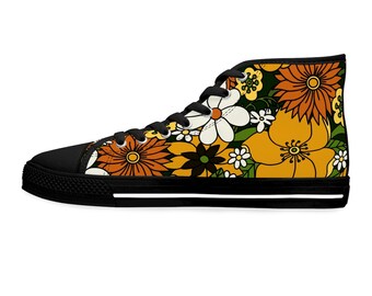 Vintage shoes, Custom print Floral hippie 60s style shoes Women's High Top Sneakers, Hippie flowers positive trendy sneakers