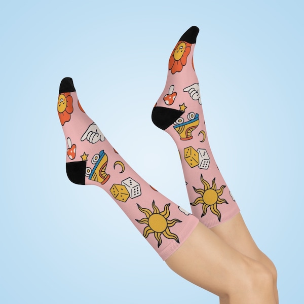 Retro funky socks printed in 70s hippie style, psychedelic groovy pink Retro funky premium Socks Cartoon funky retro style printed socks