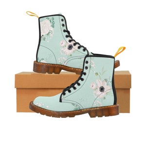 Flower Boots white roses Anemone flower and Eucalyptus branch Women's Canvas Boots girl flower shoes mint color boots
