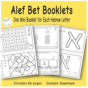 Pode incluir: Um conjunto de livretos Alef Bet com o texto "Alef Bet Booklets" e "One Mini Booklet for Each Hebrew Letter". Os livretos apresentam letras hebraicas e atividades. Inclui 66 páginas. Download instantâneo.