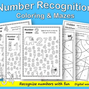 Printable coloring Worksheets, Math activity pages, Homeschool, Worksheet for kids, kindergarten, Preschool, number recognition
