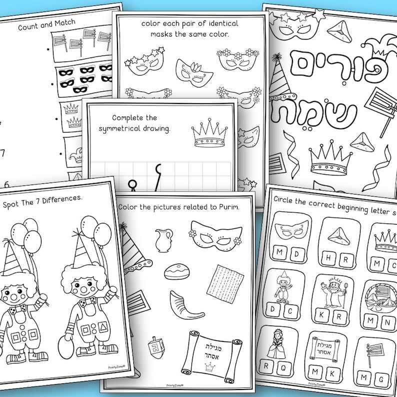 Purim Worksheets.pdf Purim Printable Activity for Kids, Coloring Pages, Jewish Holiday ...