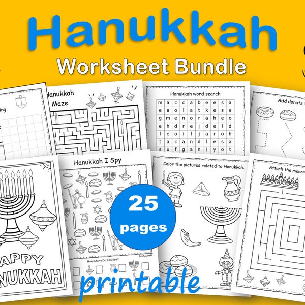 25 Printable Hanukkah Activities, activity for kids, Hanukkah bundle, Hanukkah Coloring pages,  Printable