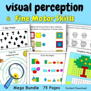 May include: A collection of educational worksheets for visual perception and fine motor skills. The worksheets include activities like I Spy, matching, mazes, and shape recognition. The bundle includes 75 pages and is an instant download.