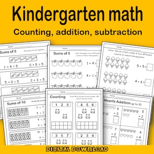 kindergarten math, addition workshee, Subtraction, Math BUNDLE Printable Pre-K Kindergarten, home school Printable