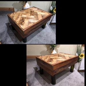 Upcycled Victorian Oak Stain/Waxed Wooden Coffee Table (Herringbone Top) with Wine Bottle Legs