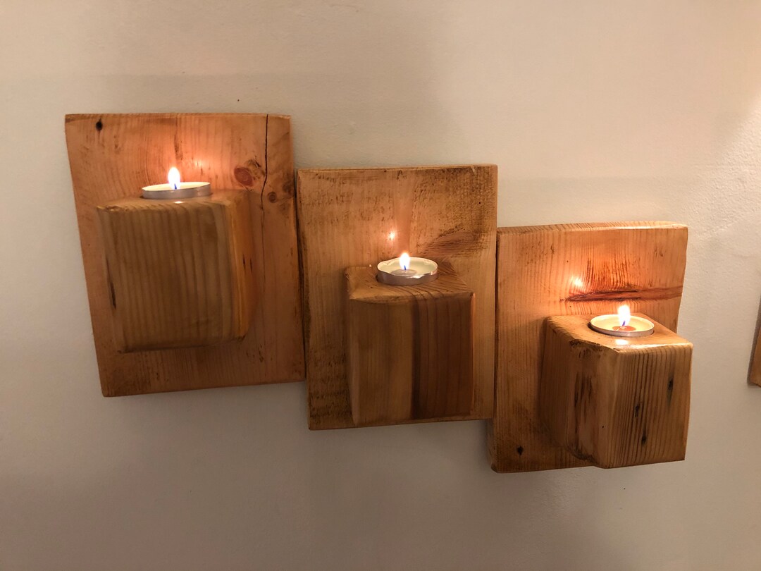 Upcycled Triple Wooden Wall Mounted Tea Light Holder Etsy
