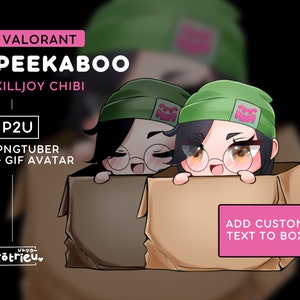 Könnte beinhalten: Eine digitale Illustration von zwei Killjoy-Charakteren aus dem Videospiel Valorant, die aus Pappkartons schauen. Die Charaktere tragen grüne Mützen mit rosa Symbolen und Brillen. Der Text "ADD CUSTOM TEXT TO BOX" steht auf einem der Kartons.
