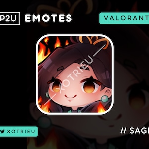 Peut inclure: Une illustration numérique d'un personnage de dessin animé avec de longs cheveux noirs, portant une tenue verte et bleue, avec des flammes derrière elle. Le personnage sourit et a des yeux orange. Le texte "VALORANT" est dans le coin supérieur droit de l'image. Le texte "P2U EMOTES" est dans le coin supérieur gauche de l'image. Le texte "// SAGE" est dans le coin inférieur droit de l'image. Le texte "xOTRIEU" est dans le coin inférieur gauche de l'image.