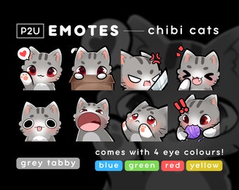 Cute Cat Emote Pack Set - Chibi Cat - Kawaii - Neko, Kitty | Gaming Twitch/Discord | P2U/Ready to Use - Grey Tabby Green Red Blue Yellow Eye
