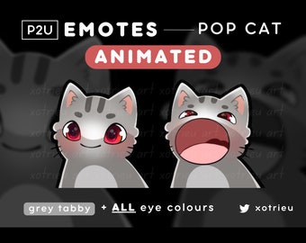 Animated Pop Cat Emote - Cute Chibi Cat - Kawaii - Neko, Kitty | Gaming Twitch/Discord | GIF Emote Sticker - Grey/Gray Tabby Cat