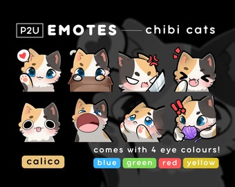 Cute Cat Emote Pack Set - Chibi Cat - Kawaii - Neko, Kitty | Gaming Twitch/Discord | P2U/Ready to Use - Calico Cat Green Red Blue Yellow Eye