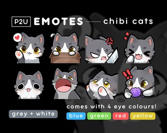 Cute Cat Emote Pack Set - Chibi Cat - Kawaii - Neko, Kitty | Gaming Twitch/Discord | P2U/Ready to Use - Grey Cat Green Red Blue Yellow Eyes