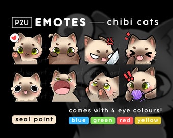Cute Cat Emote Pack Set - Chibi Cat - Kawaii - Neko, Kitty | Gaming Twitch/Discord | P2U/Ready to Use - Siamese Cat Seal Point