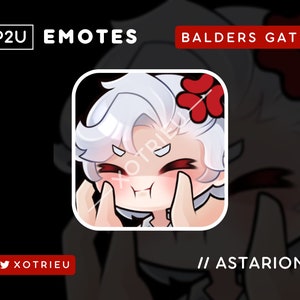 Może przedstawiać: Cyfrowa ilustracja postaci z gry Balders Gate 3. Postać to młody mężczyzna o białych włosach i czerwonych oczach. Jest zarumieniony i ma dłonie na policzkach. Obrazek jest w kwadratowym formacie z białą ramką i czarnym tłem. Tekst "// Astarion" znajduje się pod obrazkiem.