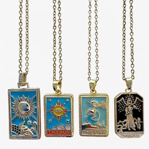 Tarotkarten-Kette | Sonne, Stern, Mäßigkeit & mehr | Boho Emaille-Anhänger in Gold – Mystischer Schmuck für Sie