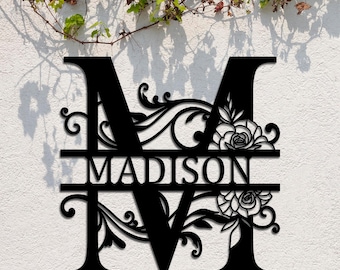 Personalized Family Name Rose Metal Sign, Custom Metal Monogram Split Initial Letter Last Name Wall Art Decor, Wedding Housewarming Gift