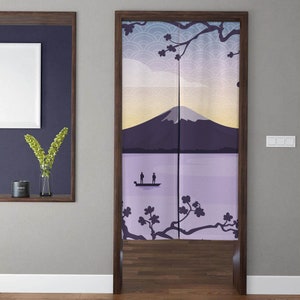 May include: A pair of purple and white Japanese-style room dividers with a mountain and lake scene. The dividers feature a silhouette of two people in a boat on the lake, with cherry blossoms in the foreground.
