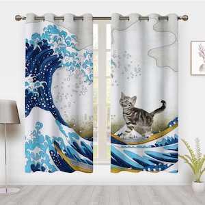 The Great Wave Off Kanagawa Window Curtains, Kitten Surfing Funny Window Treatments, For Blackout Curtain Bedroom Living Room Privacy Decor