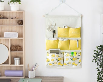 Yellow lemon Wall Hanging Storage, Cotton Linen Wall Mounted Hang Organizer, Wall storage bag for living room bedroom Bathroom, gift for mom