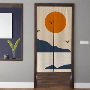 Bohemian Art Noren Door Curtains, Vintage abstract lines lakeside sunset Doorway Curtains, for Kitchen Partition Bedroom Door Privacy Decor