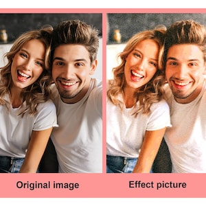 May include: A close-up photo of a couple smiling at the camera. The woman is wearing a white t-shirt and blue jeans. The man is wearing a white t-shirt. The photo has a pixelated effect.