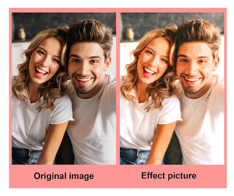 May include: A close-up photo of a couple smiling at the camera. The woman is wearing a white t-shirt and blue jeans. The man is wearing a white t-shirt. The photo has a pixelated effect.